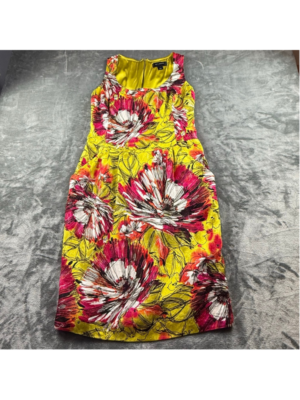 St John Dress 12 Silk Metallic Floral Sheath Luxury Resort Coastal Pink Yellow - Picture 9 of 16